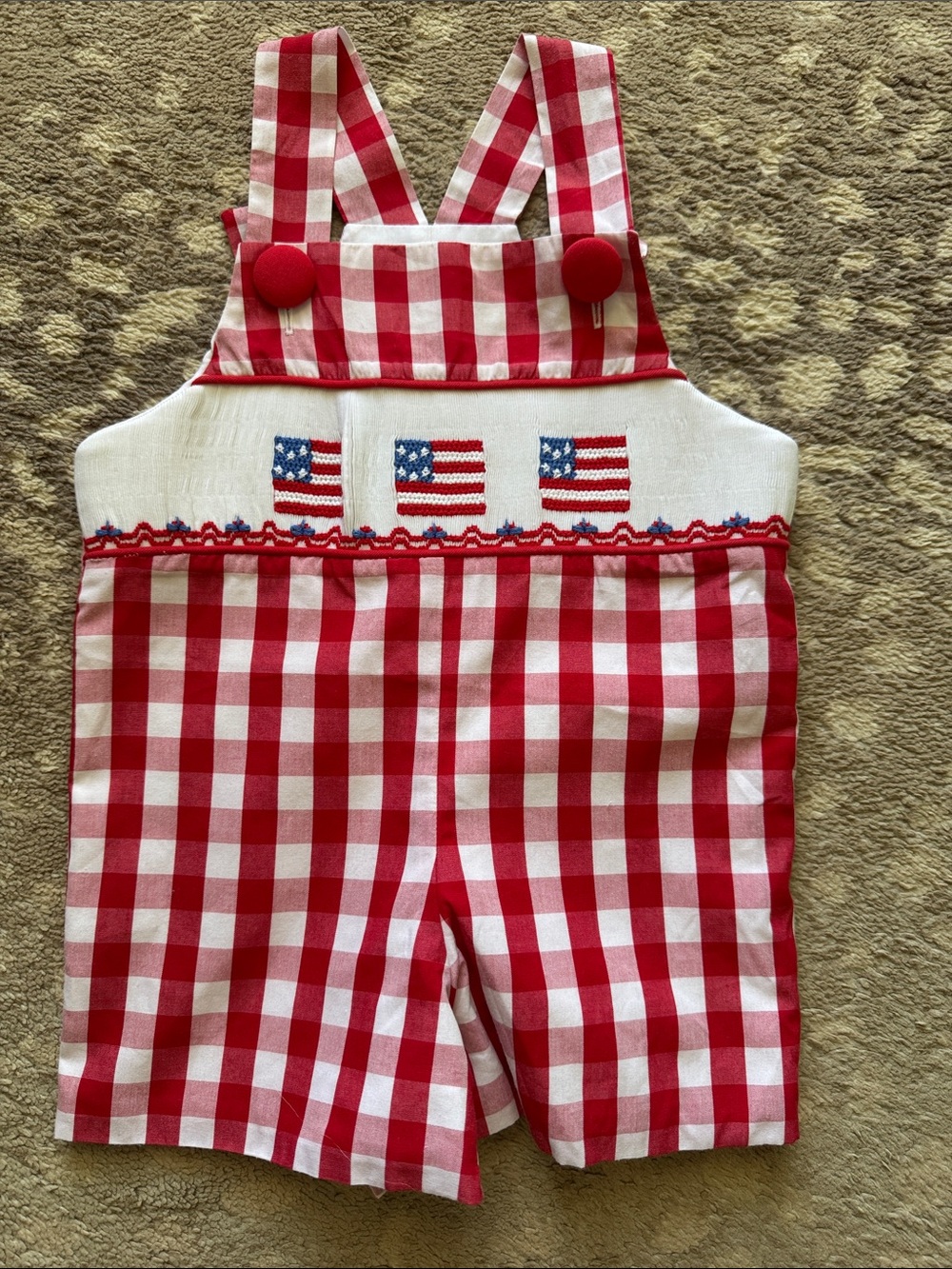 Stitchy Fish Red Gingham Flag Smocked Overalls
